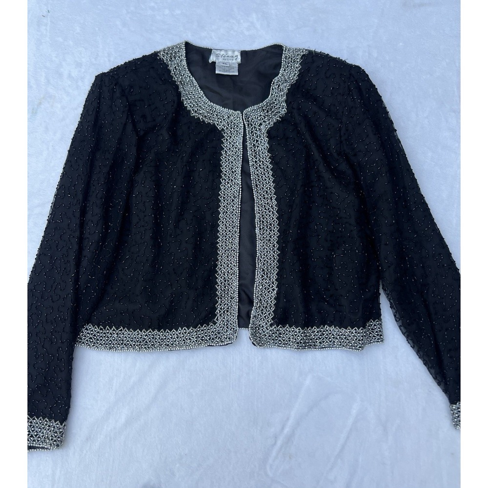 Stenay Jacket‎ Petites PL Silk Black Silver Beading Crop Lined Formal Vintage